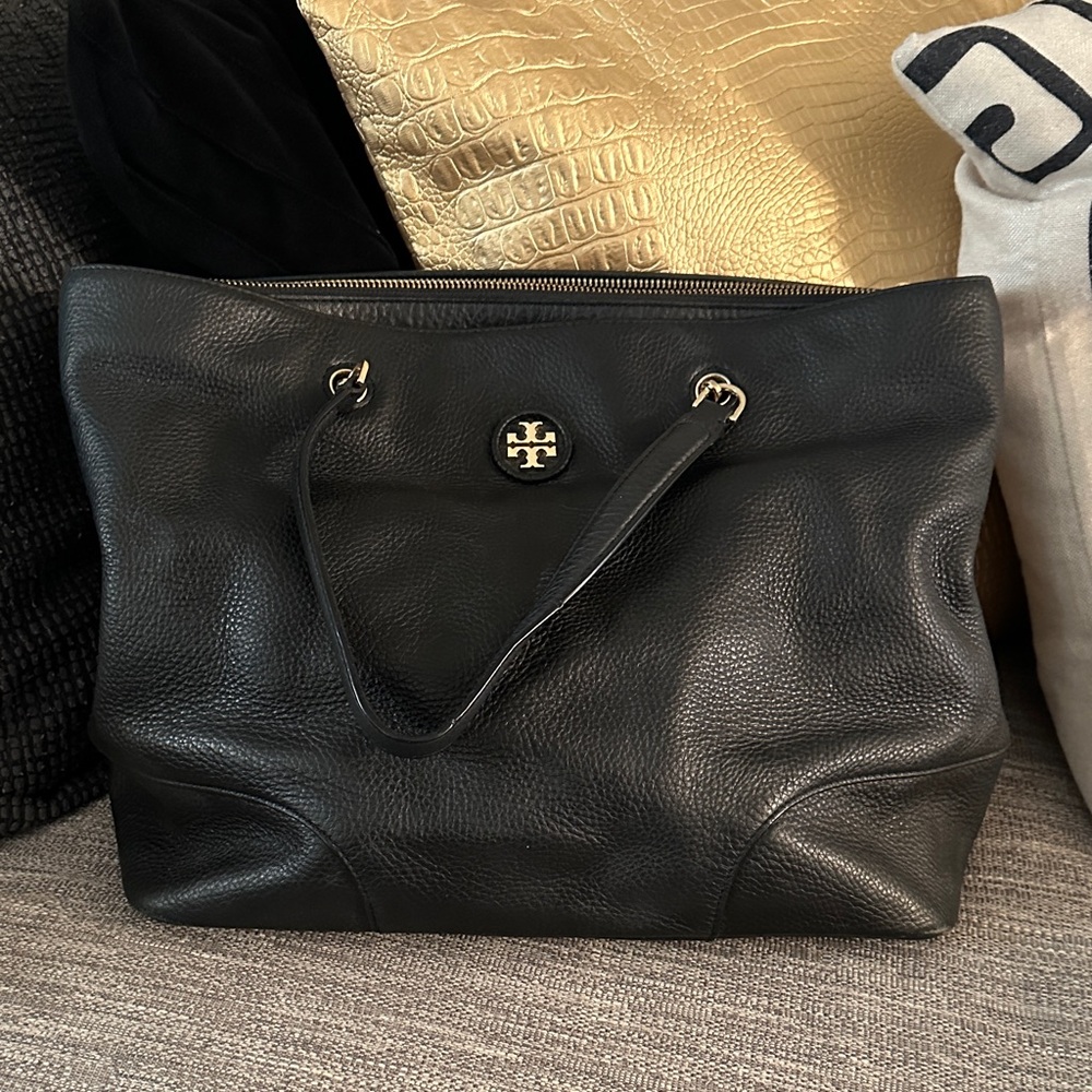 Tory Burch Black Whipstitch Logo Leather Tote